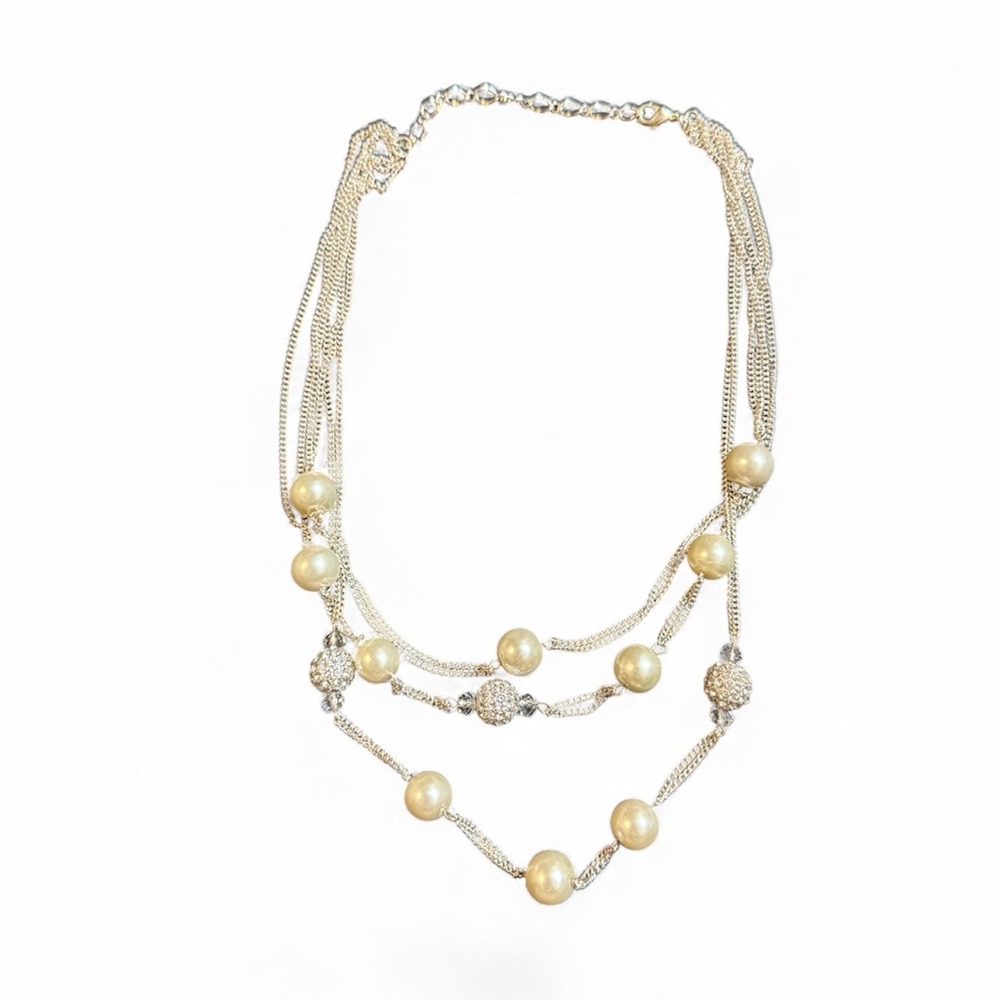 Multi Strand Faux Pearl and Rhinestone Layered Necklace Silver Tone